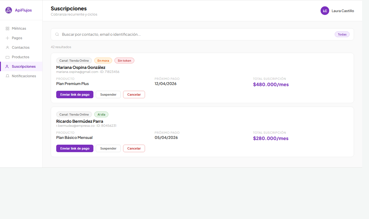 Pantalla de suscripciones y estados de cobro