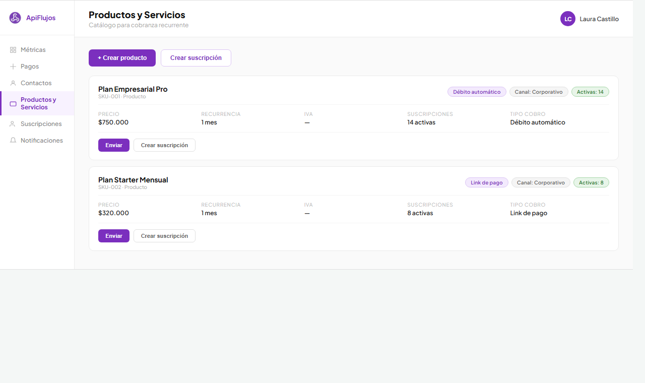 Pantalla de catálogo y productos de suscripción