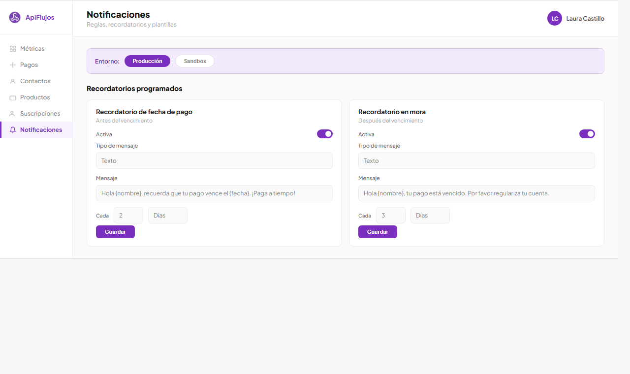 Pantalla de plantillas y notificaciones automáticas